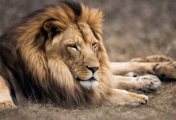 Majestic Lion Resting Peacefully on Grassland
