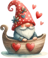 Cute Watercolor Valentines Day Gnome on Vehicle Love Heart Boat Ship PNG Clipart Element