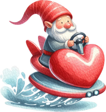 gnome driving heart-shaped boat watercolor clip art preview