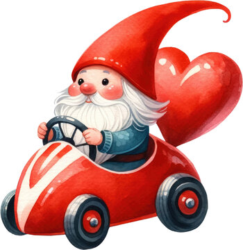 Cute Watercolor Valentines Day Gnome on Vehicle Love Heart Sports Race Car PNG Clipart Element