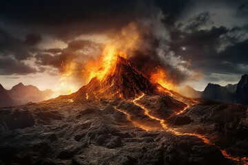 Fototapeta premium Crater mountain volcano magma lava fire volcanic disaster landscape eruption