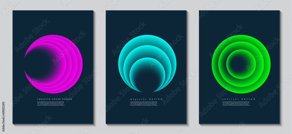 Poster cover design template set with vibrant gradient circular shapes. abstract futuristic black backgroun