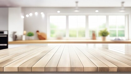 A wooden table top in the kitchen.