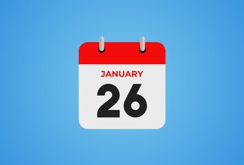 Icon calendar day. 26 January. 26th days of the month, illustration style. Date day of week Sunday, Monday, Tuesday, Wednesday, Thursday, Friday, Saturday. Winter holidays in January. 