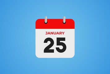 Icon calendar day. 25 January. 25th days of the month, illustration style. Date day of week Sunday, Monday, Tuesday, Wednesday, Thursday, Friday, Saturday. Winter holidays in January. 