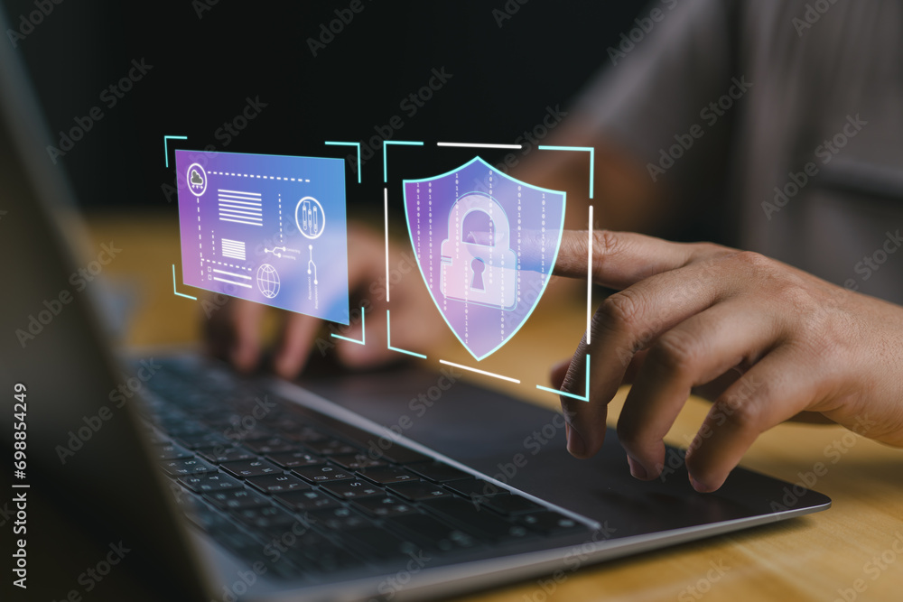 Poster internet security, Cyber, firewall security, Data protection, information safety and encryption, secured access to user personal data..