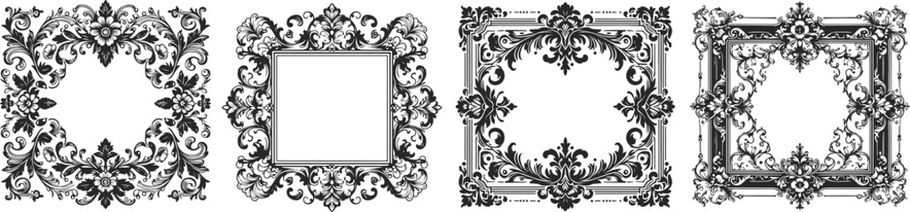 Four victorian frames with transparent background. Square format with ornaments and flowers