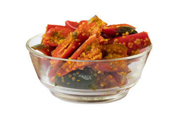 Red chilli pickle in transparent glass bowl - marinated with Fenugreek and mustard - transparent...