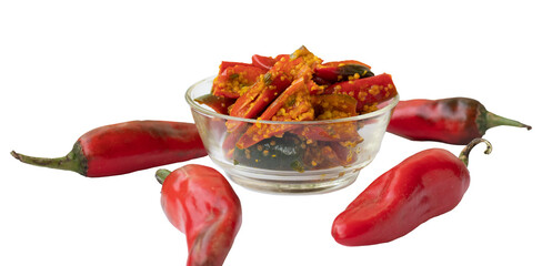 Red chilli pickle in transparent glass bowl - marinated with Fenugreek and mustard - transparent...