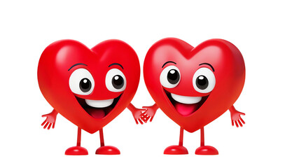 Fototapeta premium Two cute hearts in 3d style smiling holding hands, isolated cutout on transparent