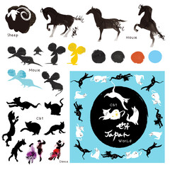 筆で描いた日本の墨絵、水彩。シンボルマークのまとめ。　猫、馬、力持ち、羊、鼠、踊る人。Translation:World