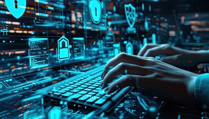 Cybersecurity Visualization: Hands Typing on Futuristic Keyboard with Glowing Blue Keys Surrounded by Digital Holograms of Locks, Shields and Binary Code