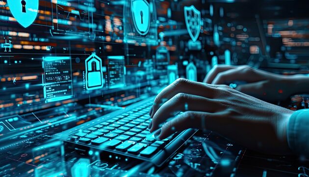 Cybersecurity Visualization: Hands Typing on Futuristic Keyboard with Glowing Blue Keys Surrounded by Digital Holograms of Locks, Shields and Binary Code