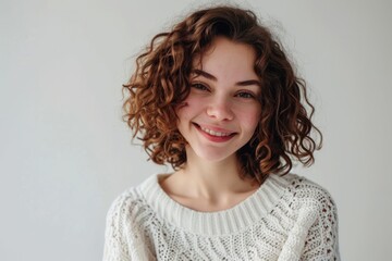 Portrait of young happy woman looks in camera.