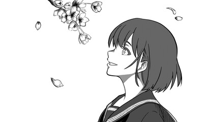桜を見る黒いセーラー服の女子生徒の横顔・桜の花（モノクロ）