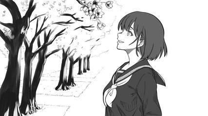 桜を見る黒いセーラー服の女子生徒の横顔・桜並木（モノクロ）