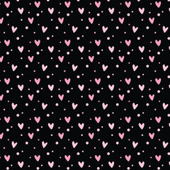 Seamless pattern with pink cute hearts. Symbol of Valentine day. Love and wedding theme. Heart shapes on black background.