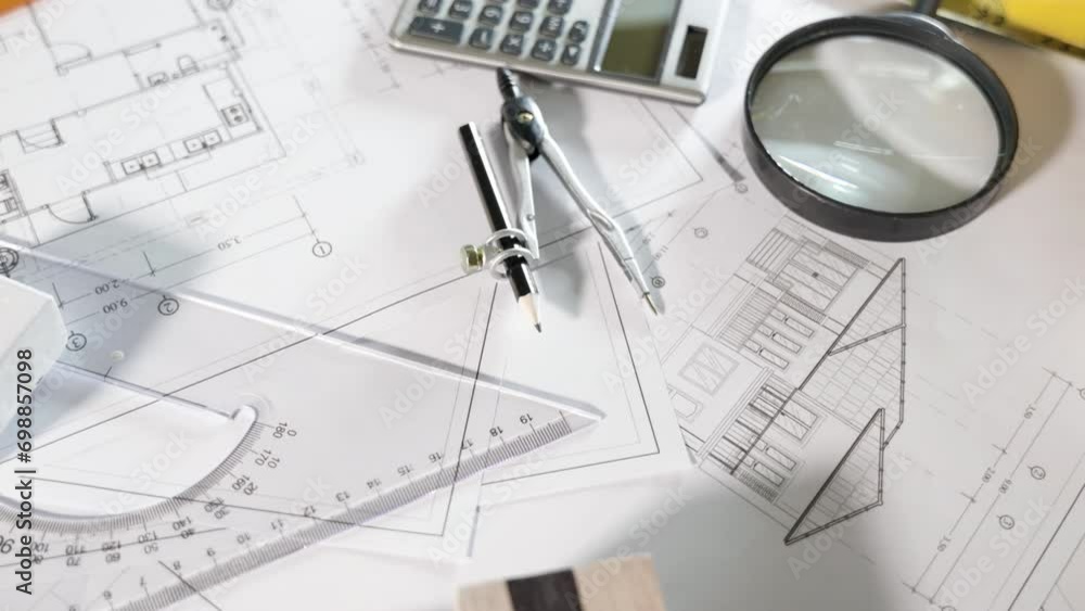 Poster architectural project workplace. top view of house plan blueprint paper with repair tools on table d