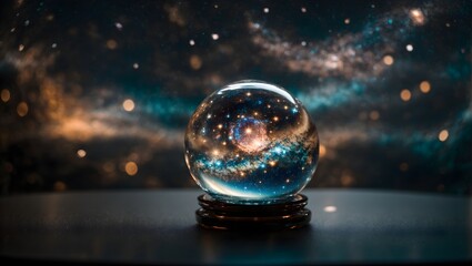 A clear glass ball containing a miniature galaxy. Inside, swirling nebulas, twinkling stars, and rotating planets are visible ai generated - obrazy, fototapety, plakaty