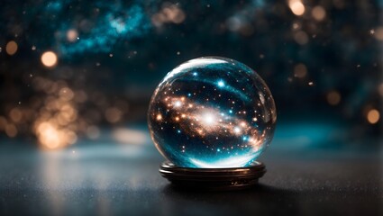 A clear glass ball containing a miniature galaxy. Inside, swirling nebulas, twinkling stars, and rotating planets are visible ai generated