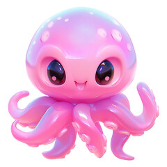 Cute pink cartoon octopus isolated on transparent background. Funny underwater animal. Marine theme, undersea world concept. Childish character for design print, card, clothes, sticker