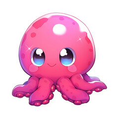 Fototapeta premium Cute pink cartoon octopus isolated on transparent background. Funny underwater animal. Marine theme, undersea world concept. Childish character for design print, card, clothes, sticker
