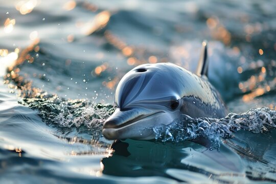 dolphin swimming in the sea at sunset, closeup of photo
