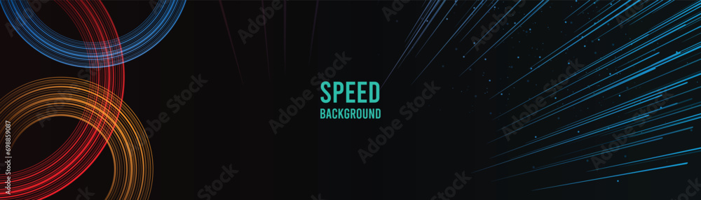 Poster a design with techno geometric background on dark space with glow lines motion effect decoration. mo