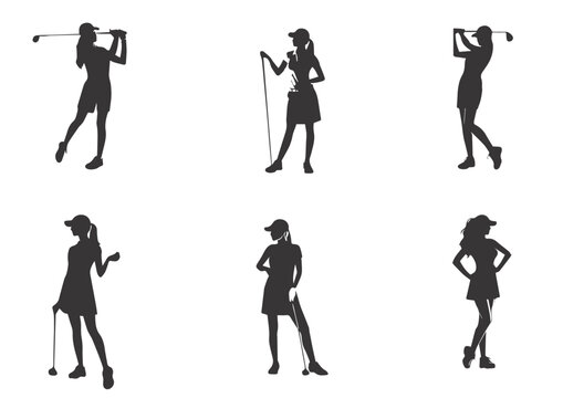 A set of female golfer playing golf in various