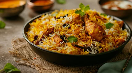 Foto op Canvas Chicken biryani served with fragrant steamed basmati rice, a gourmet delight ©  creativeusman