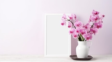 Breathtaking valentine's day floral arrangement: pink orchid bouquet in vase with photo frame on white background