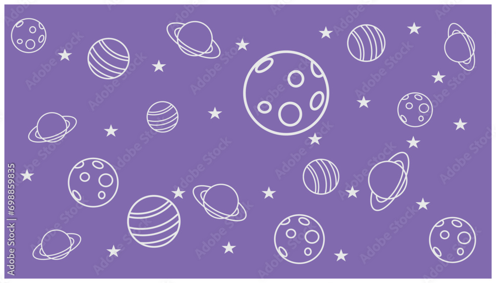 Poster space seamless pattern with planets, stars and comets on purple background. background template with