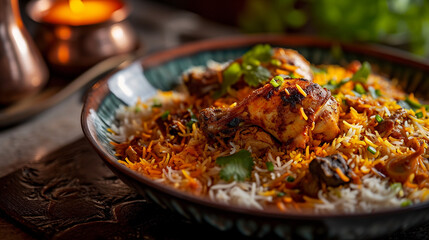 Chicken biryani served with fragrant steamed basmati rice, a gourmet delight - obrazy, fototapety, plakaty