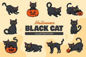 Halloween Black Cat Illustration Set