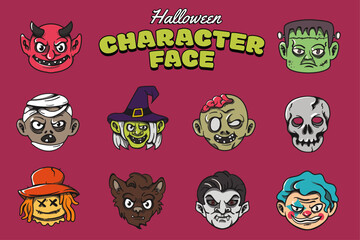 Halloween Character Face Illustration Set