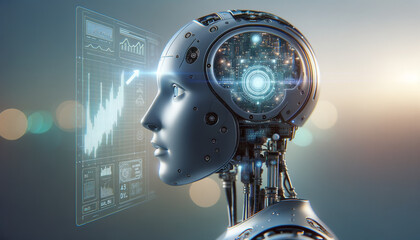 AI Finance: Futuristic Robot Head with Holographic Financial Data