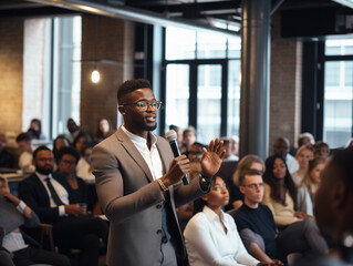 An African-American Entrepreneur Pitching Their Business Idea At A Startup Event Showcasing Ambition And Innovation