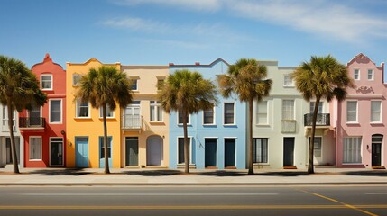 Fototapeta na wymiar Colorful row houses - vibrant colors - palm trees - inspired by the vibe of Charleston South Carolina 