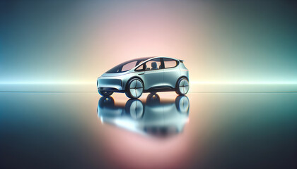 Minimalist electric vehicle on reflective surface with pastel-neon gradient background