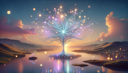 Whimsical neural network tree in a dreamlike landscape with glowing creatures.