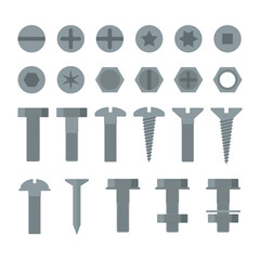 Set of gray screws in cartoon style with different threads and heads vector illustration