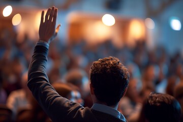 Active Engagement: Student Raising Hand in University Lecture Hall.