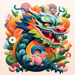Colourful vector illustration of the dragon head and floral elements in cartoon style. AI Generative
