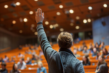 Active Engagement: Student Raising Hand in University Lecture Hall.