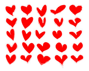 Vector collection of sketches of red hearts, affection, love symbols