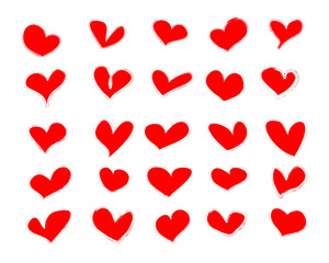 Vector collection of sketches of red hearts, affection, love symbols