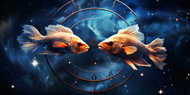 Pisces zodiac sign against space nebula background