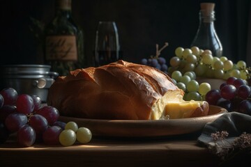 Fresh baked bread topped with melted butter and paired with juicy purple grapes. Generative AI