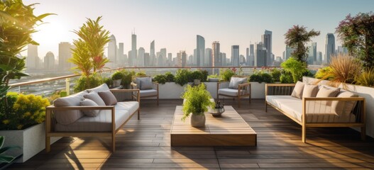 Modern rooftop garden with cityscape view. Urban living and design.