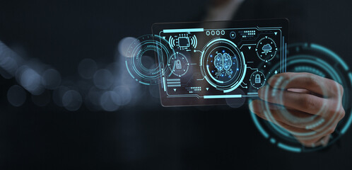 businessman using Ai technology in business by artificial intelligence,  smart robot AI, Futuristic technology transformation, using AI technology for developing running business on cloud computing